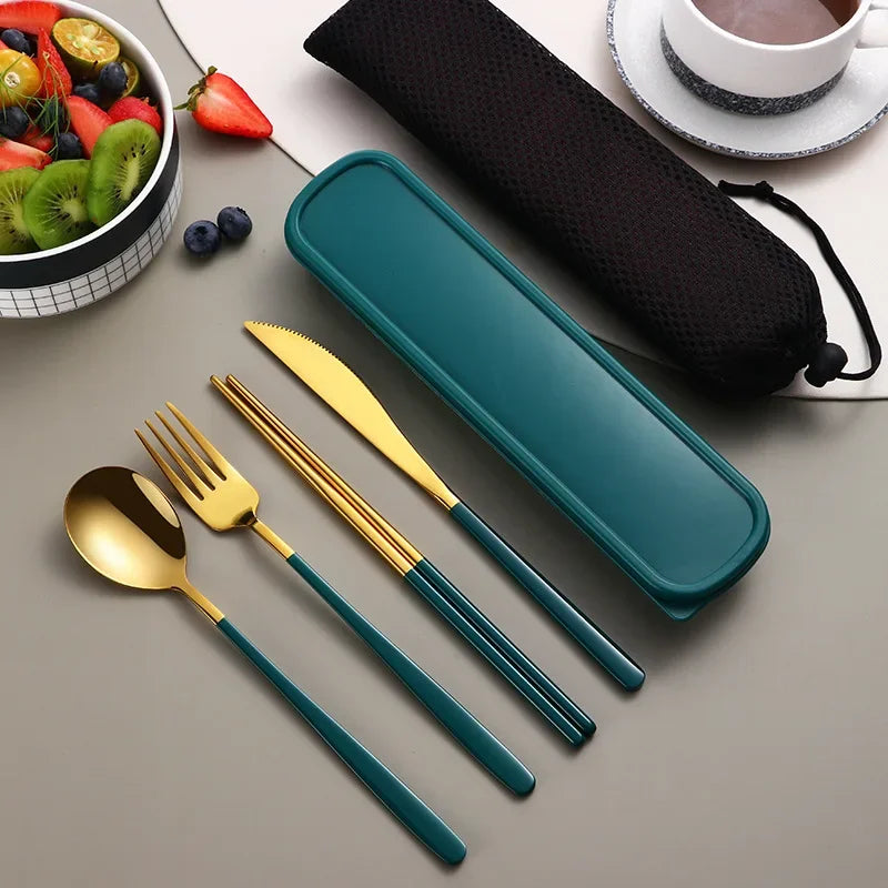 Portable Travel Utensils Set with Case Stainless Steel Knife Forks Spoons Chopsticks for Lunch Box Office Picnic Dinnerware Use